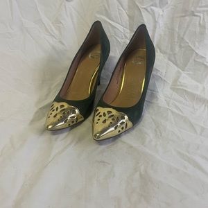 Anthropologie nwt lucky penny heels green and gold size 37